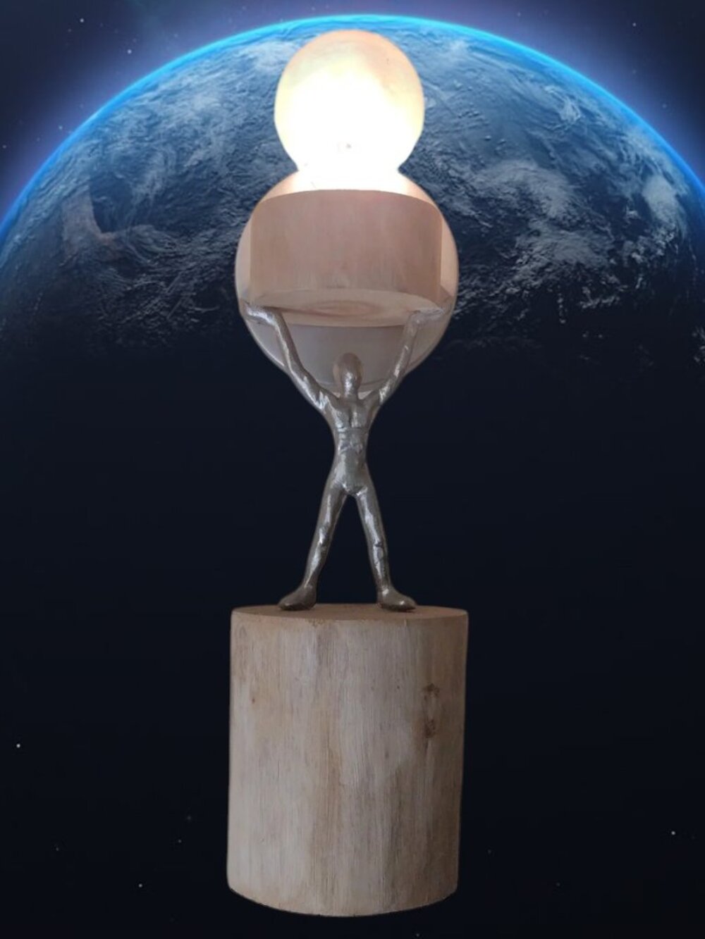 Uplift The World Metal Human Figure Wall Lamp with Wood Accent. Only One Made.
